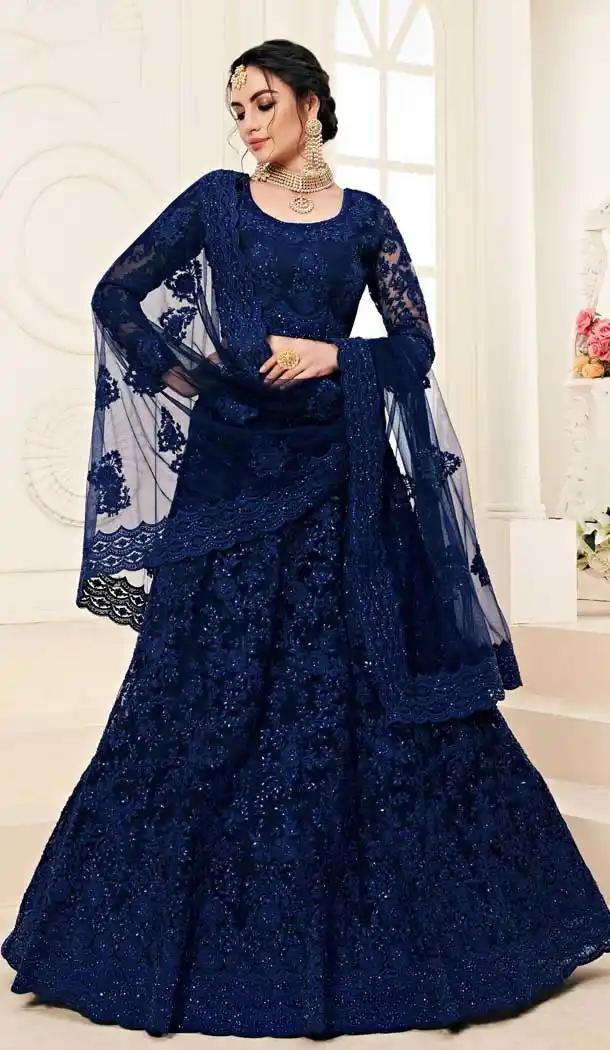 Deep Blue Color Net Designer Embroidred Plus Size Lehenga Choli -742591839