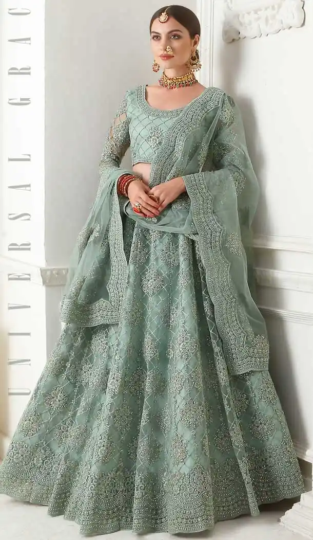 Teal Grey Color Net Designer Embroidred Plus Size Lehenga Choli -742591840