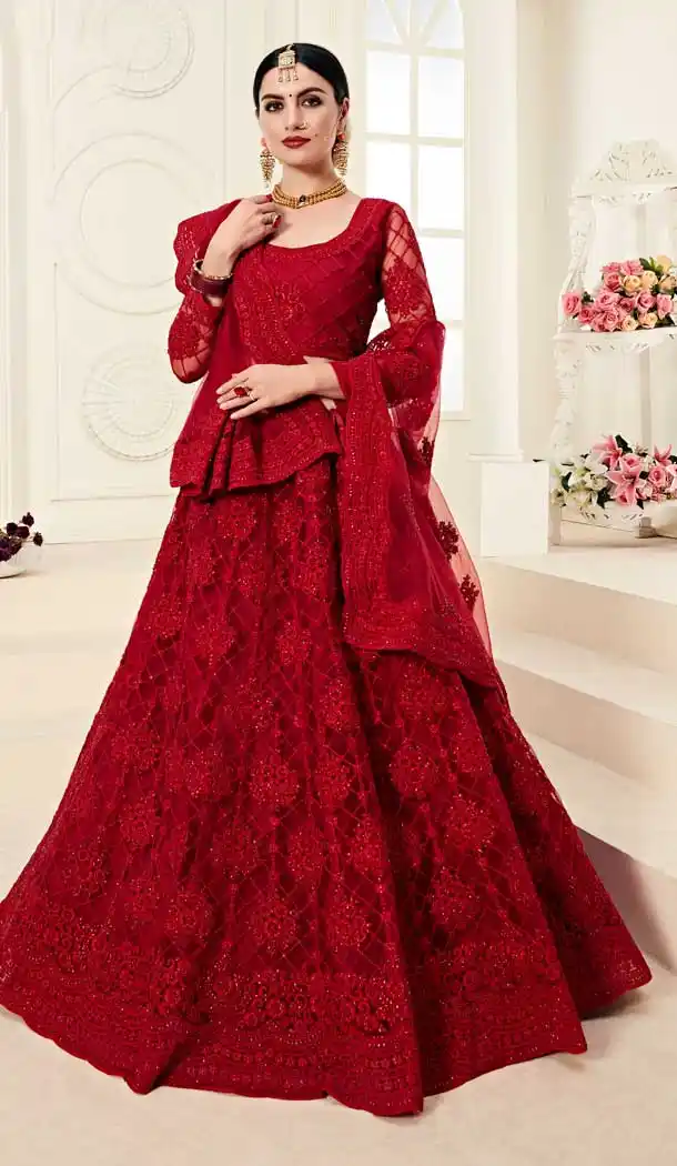 Beauty Red Color Net Designer Embroidred Plus Size Lehenga Choli -742591843