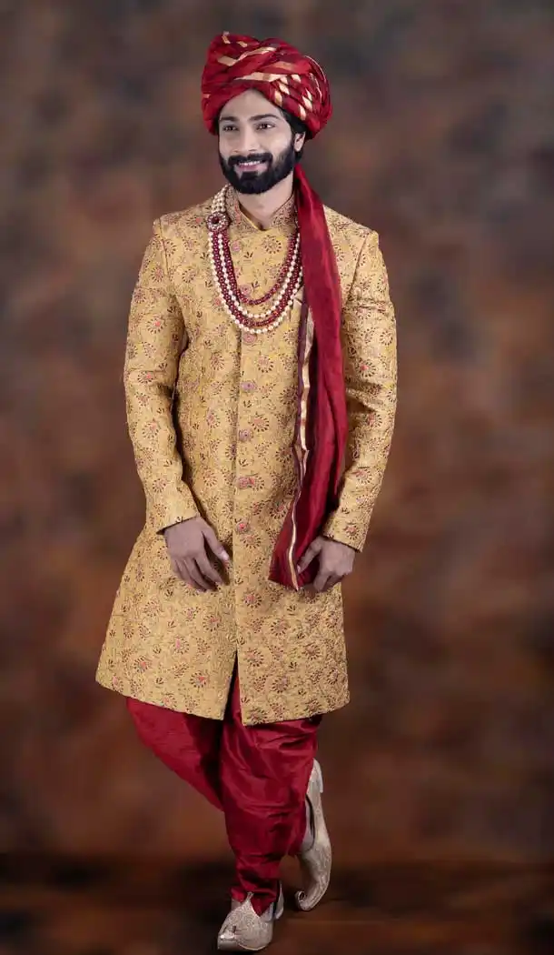 Ravishing Musterd Color Jacquard Designer Wedding Plus Size Men Sherwani -741991748