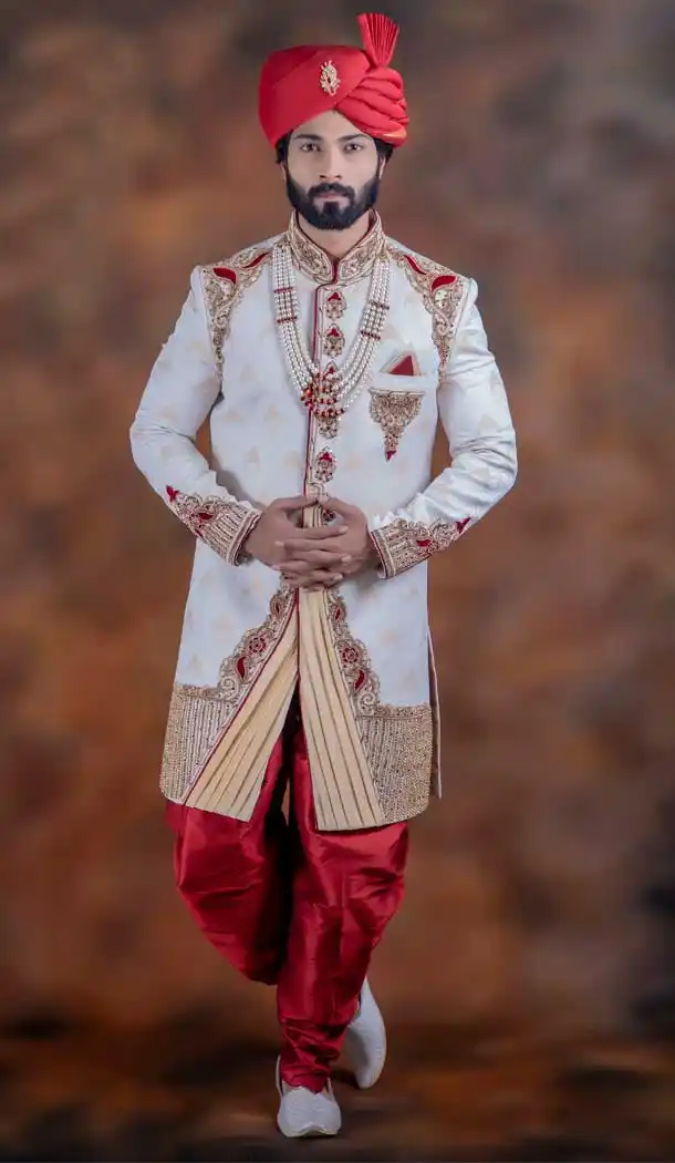 Off White Color Jacquard Designer Wedding Plus Size Men Sherwani -741991751