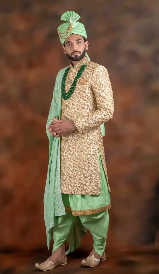 Gold Light Green Color Jacquard Designer Wedding Plus Size Men Sherwani -741991752