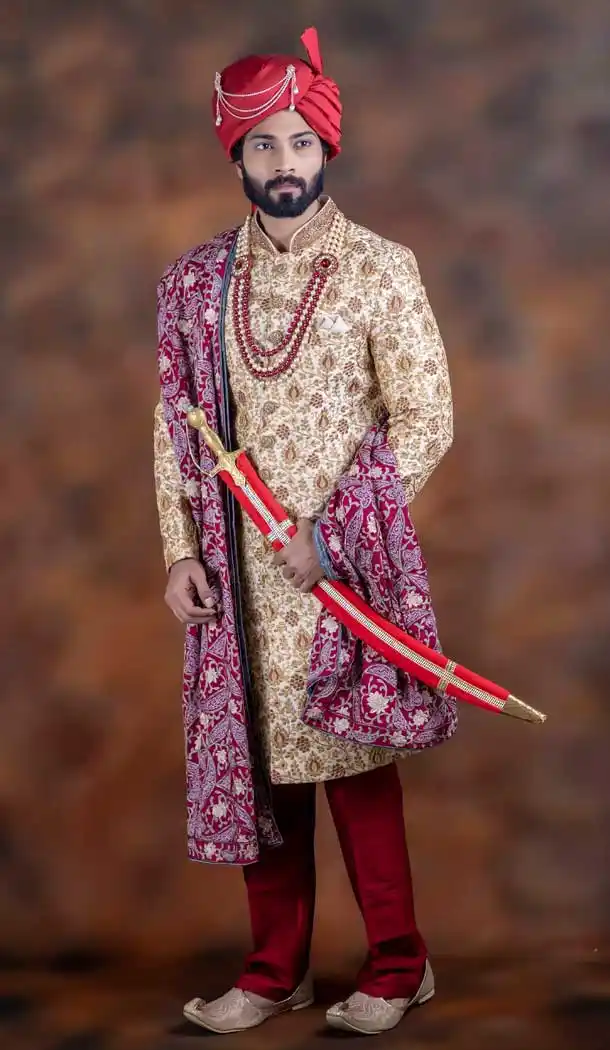 Attractive Cream Color Jacquard Designer Wedding Plus Size Men Sherwani -741991755