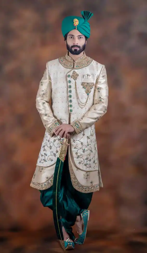 Off White Color Jacquard Designer Wedding Plus Size Men Sherwani -741991756