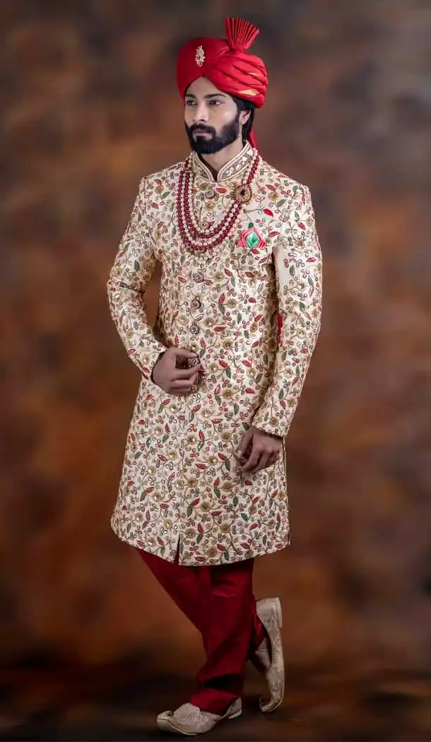 Ravishing Multi Color Jacquard Designer Wedding Plus Size Men Sherwani -741991758
