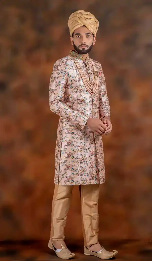 Baby Pink Color Jacquard Designer Wedding Plus Size Men Sherwani -741991761