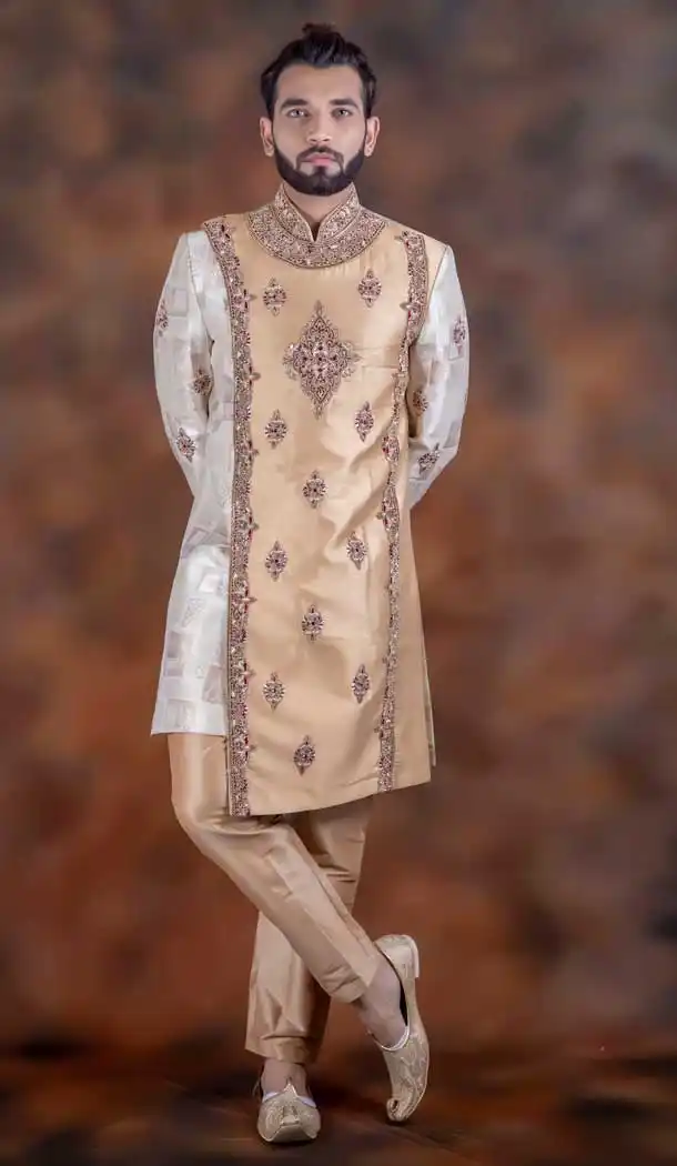 White Gold Color Jacquard Designer Wedding Plus Size Men Sherwani -741991762