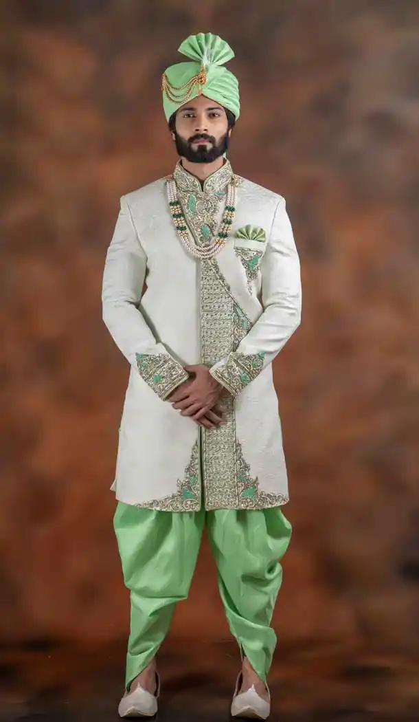 Enigmatic Off White Color Jacquard Designer Wedding Plus Size Men Sherwani -741991764