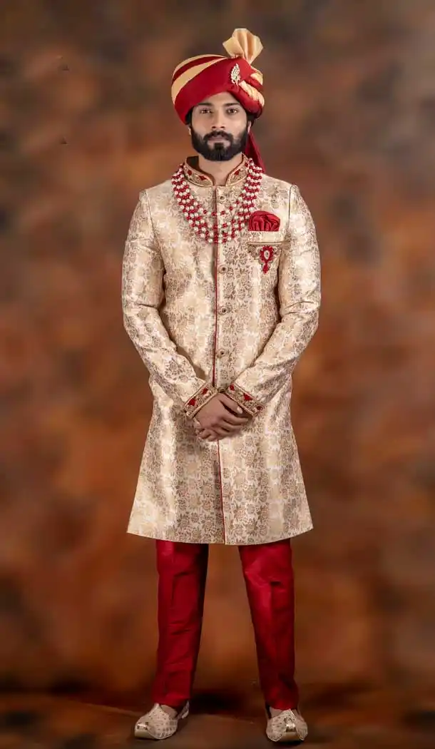 Exotic Gold Color Jacquard Designer Wedding Plus Size Men Sherwani -741991765
