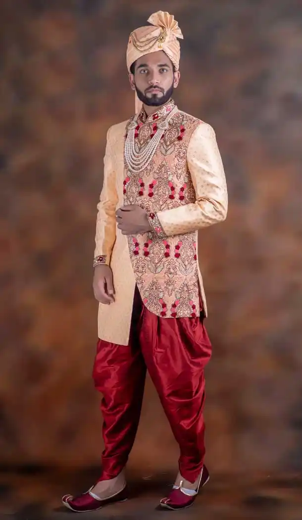 Contemporary Peach Color Jacquard Designer Wedding Plus Size Men Sherwani -741991766