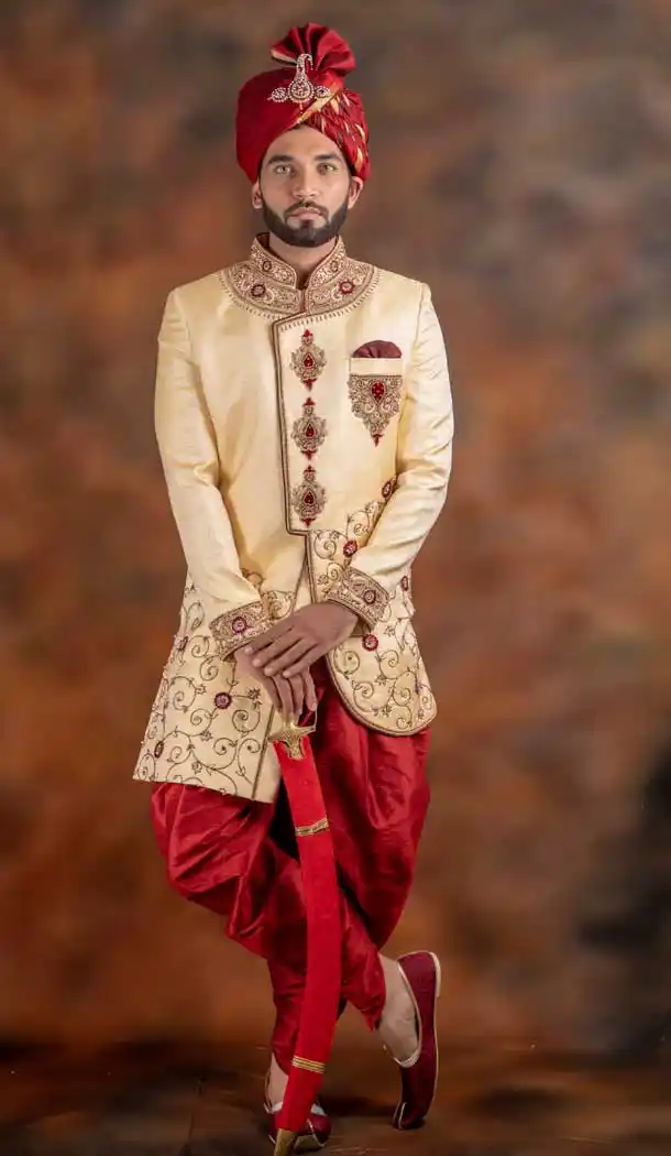 Fascinating Cream Color Jacquard Designer Wedding Plus Size Men Sherwani -741991769