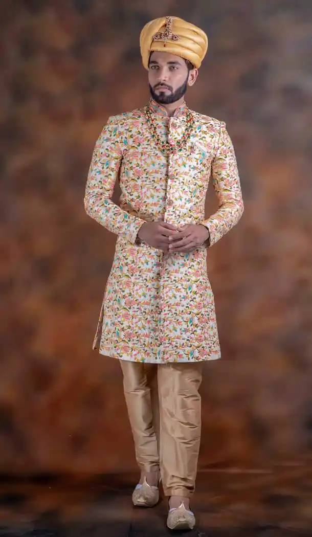 Melodic Off White Color Jacquard Designer Wedding Plus Size Men Sherwani -741991770