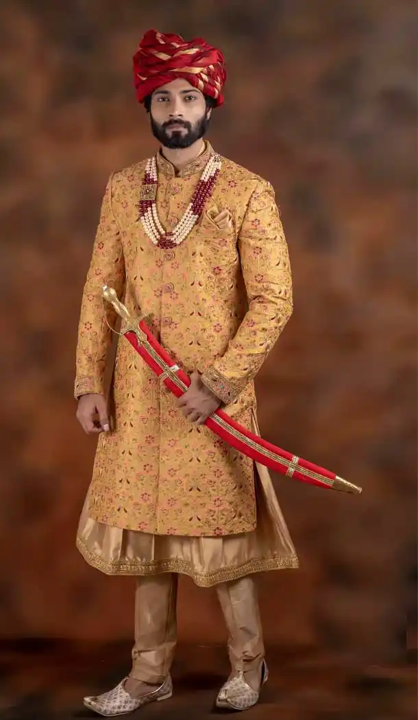 Yellow Gold Color Jacquard Designer Wedding Plus Size Men Sherwani -741991771
