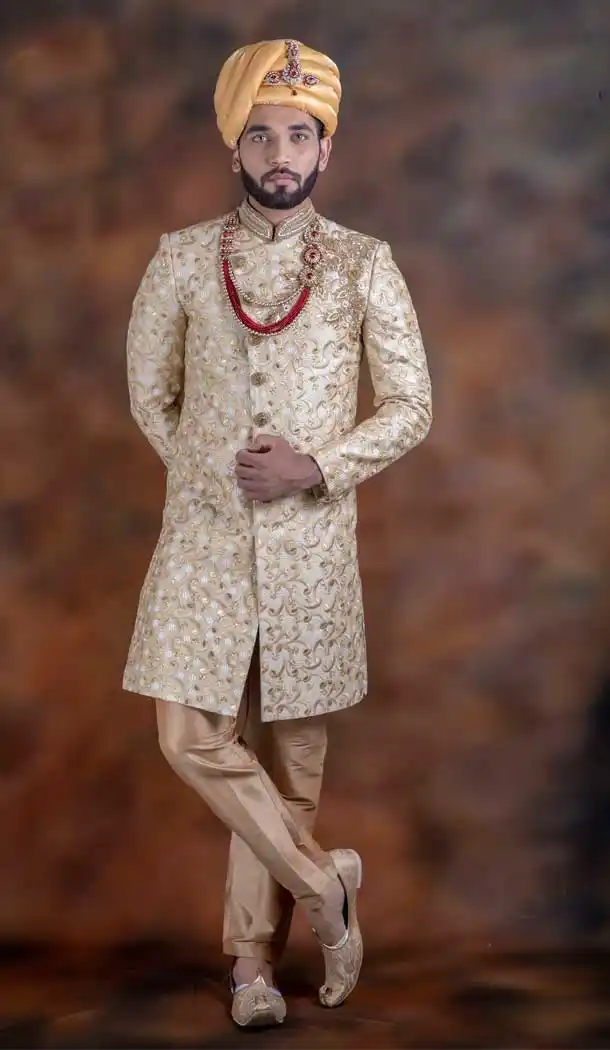 Gleaming Beige Color Jacquard Designer Wedding Plus Size Men Sherwani -741991772