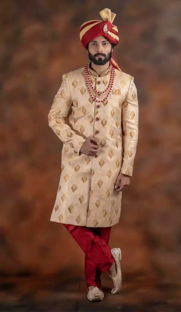 Alluring Gold Color Jacquard Designer Wedding Plus Size Men Sherwani -741991775