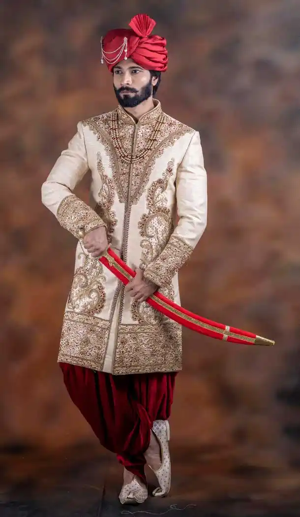 Adorable Off White Color Jacquard Designer Wedding Plus Size Men Sherwani -741991776