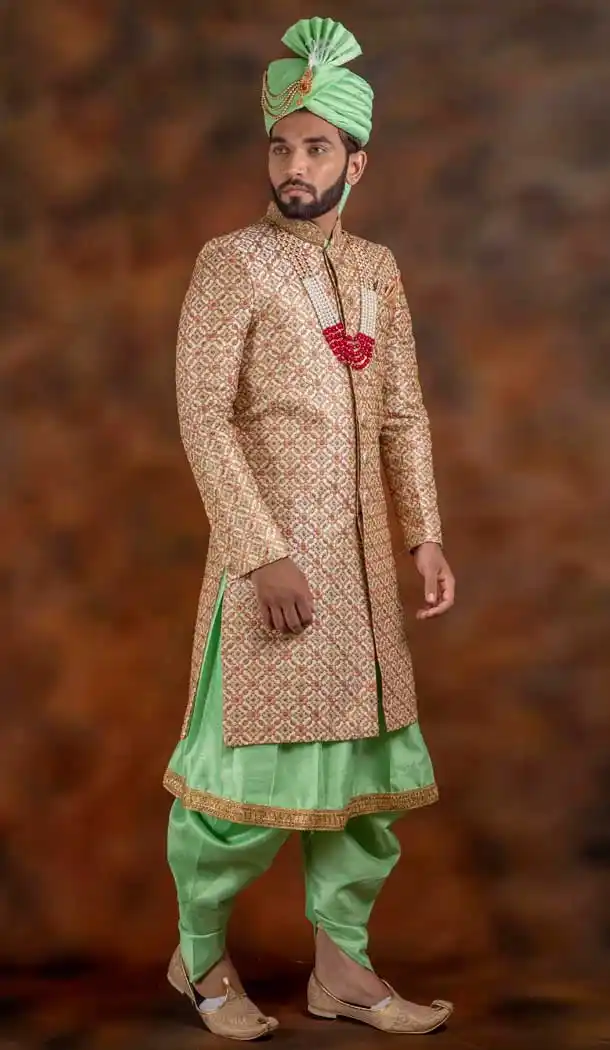 Gold Light Green Color Jacquard Designer Wedding Plus Size Men Sherwani -741991777
