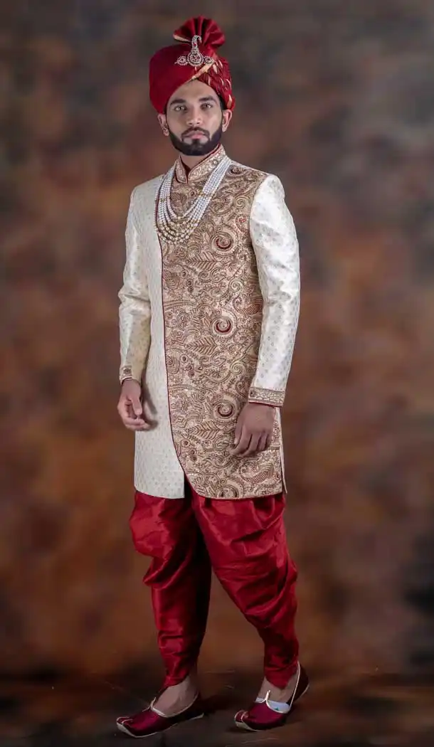 Chic Off White Color Jacquard Designer Wedding Plus Size Men Sherwani -741991778