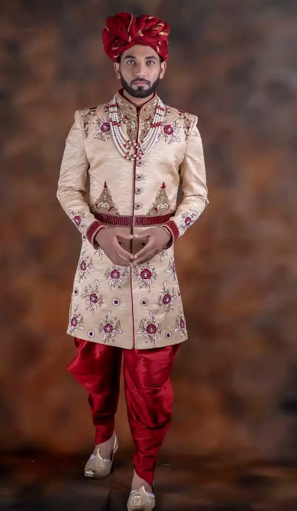Chic Cream Color Jacquard Designer Wedding Plus Size Men Sherwani -741991779