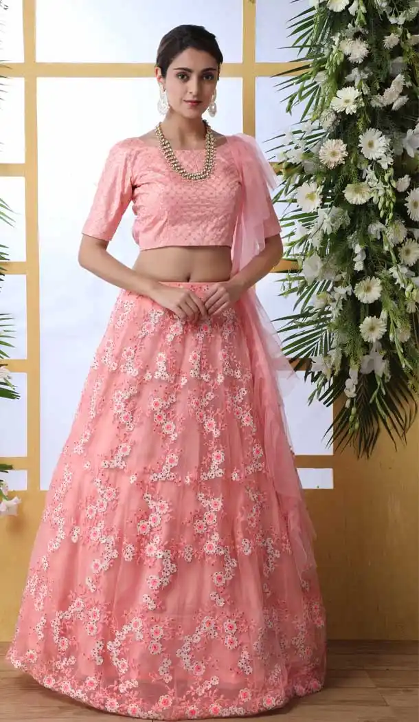 Ravishing Peach Color Net Heavy Designer Embroidery Lehenga Choli -747892394