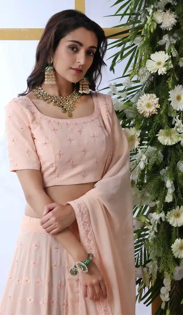 Fancy Peach Color Georgette Heavy Designer Embroidery Lehenga Choli -747892396