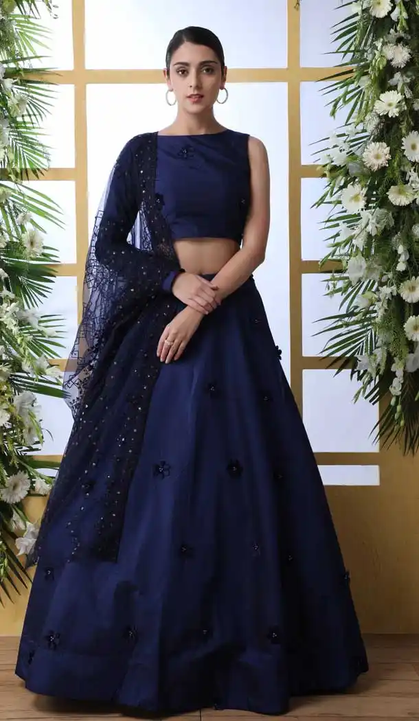 Charming Navy Blue Color Taffeta Silk Heavy Designer Embroidery Lehenga Choli -747892398