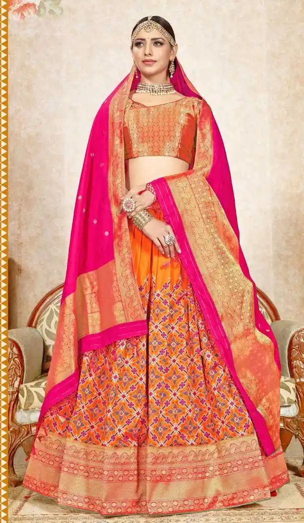 Marvelous Orange Color Banarasi Silk Designer Wedding Lehenga Choli -748092405