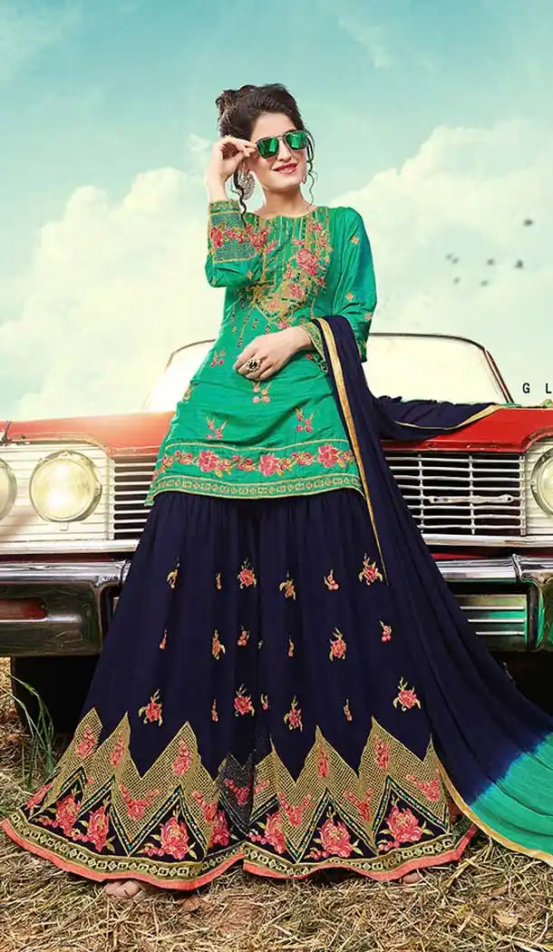Green Color Satin Heavy Designer Party Wear Sharara Salwar Suit -747992401