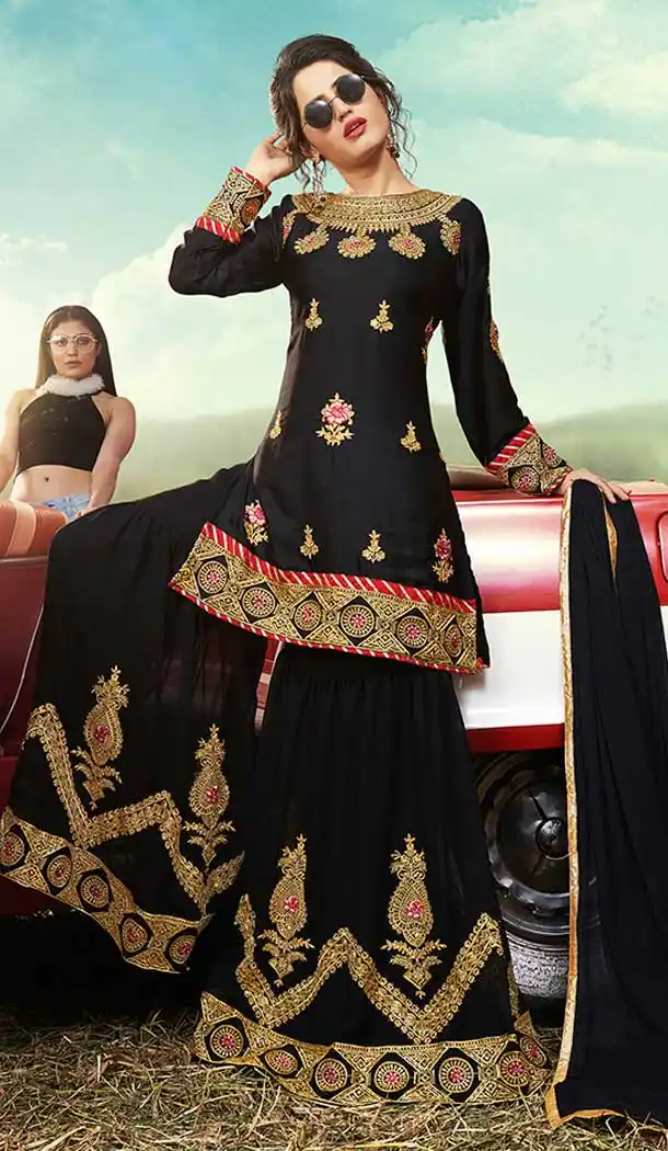 Black Color Satin Heavy Designer Party Wear Sharara Salwar Suit -747992403