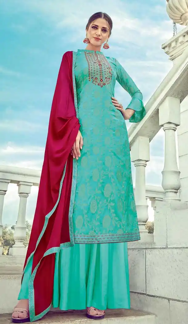 Sky Blue Color Pure Banarasi Jacquard Party Wear Palazzo Salwar Suit -748192413
