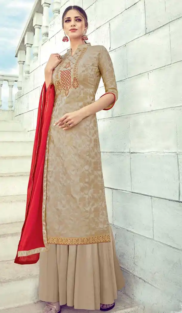 Beige Color Pure Banarasi Jacquard Party Wear Palazzo Salwar Suit -748192414
