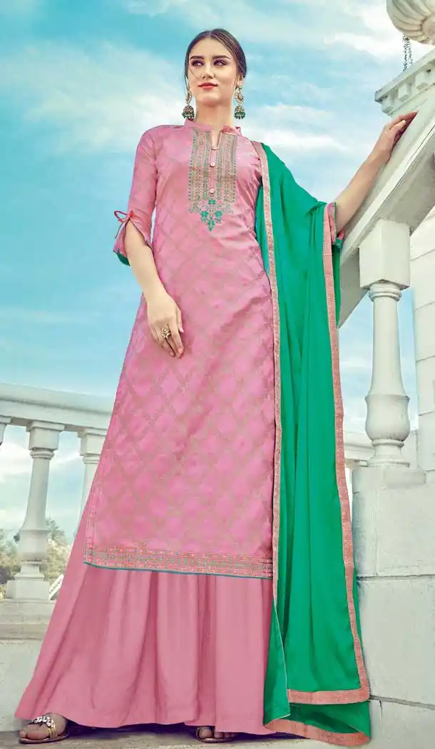 Mystic Pink Color Pure Banarasi Jacquard Party Wear Palazzo Salwar Suit -748192415
