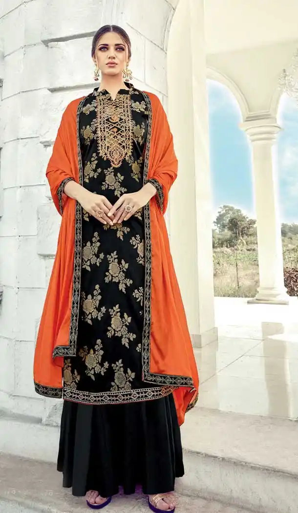 Black Color Pure Banarasi Jacquard Party Wear Palazzo Salwar Suit -748192418