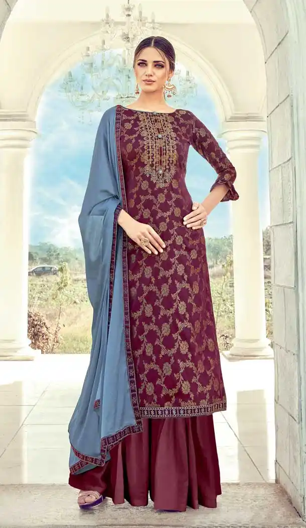 Maroon Color Pure Banarasi Jacquard Party Wear Palazzo Salwar Suit -748192419