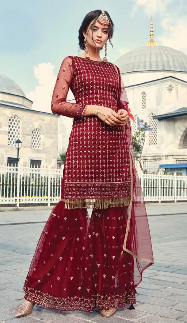 Maroon Color Net Designer Party Wear Sharara Salwar Suit -748292421