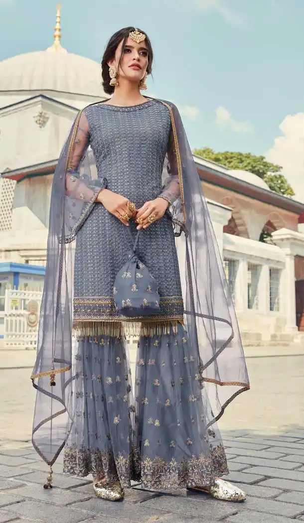 Grey Color Net Designer Party Wear Sharara Salwar Suit -748292423