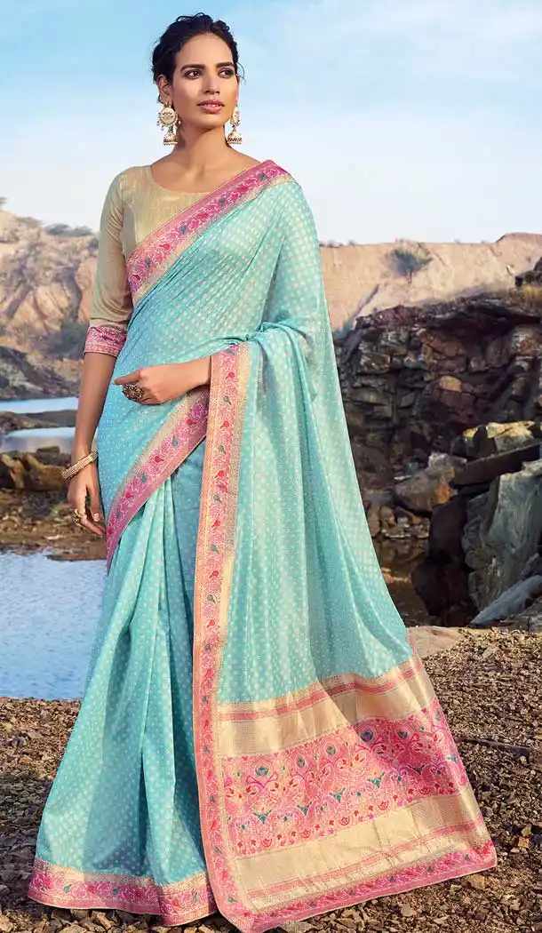 Ethnic Sky Blue Colour Chanderi Silk Traditional Party Wear Saree Blouse -752192740