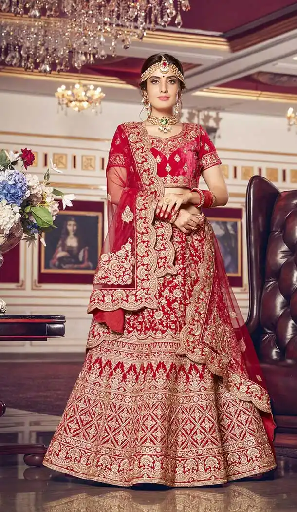 Red Color 9000 Velvet Designer Bridal Wedding Lehenga Choli -752492762