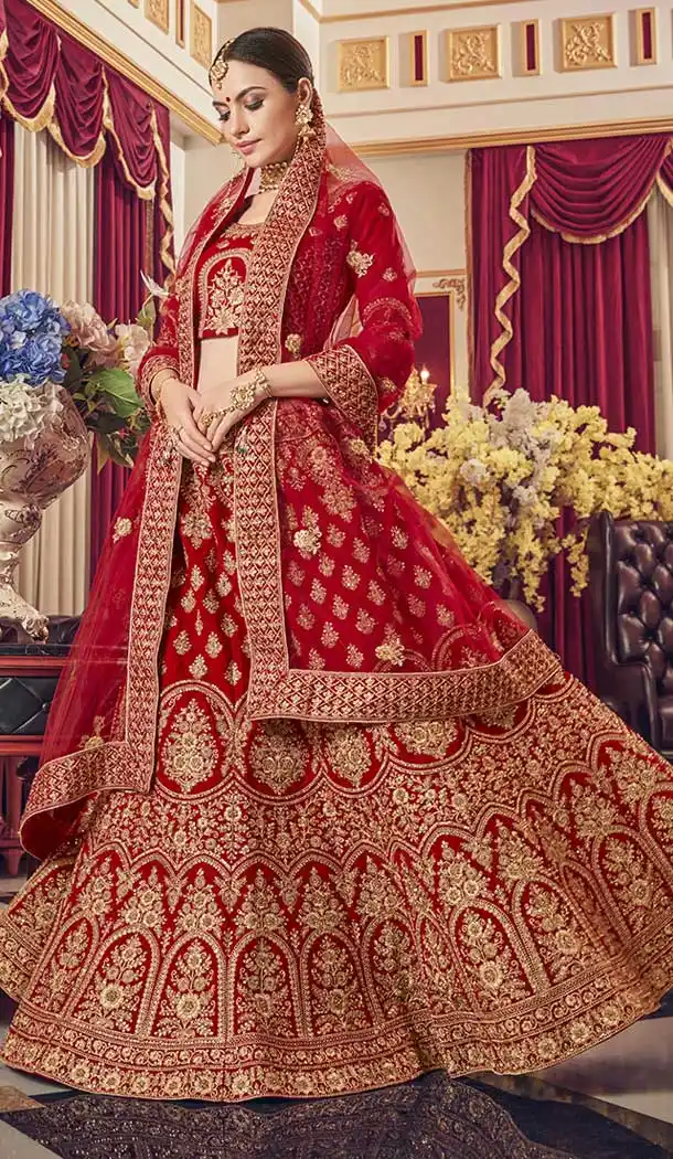 Fascinating Red Color Satin Designer Bridal Wedding Lehenga Choli -752492763