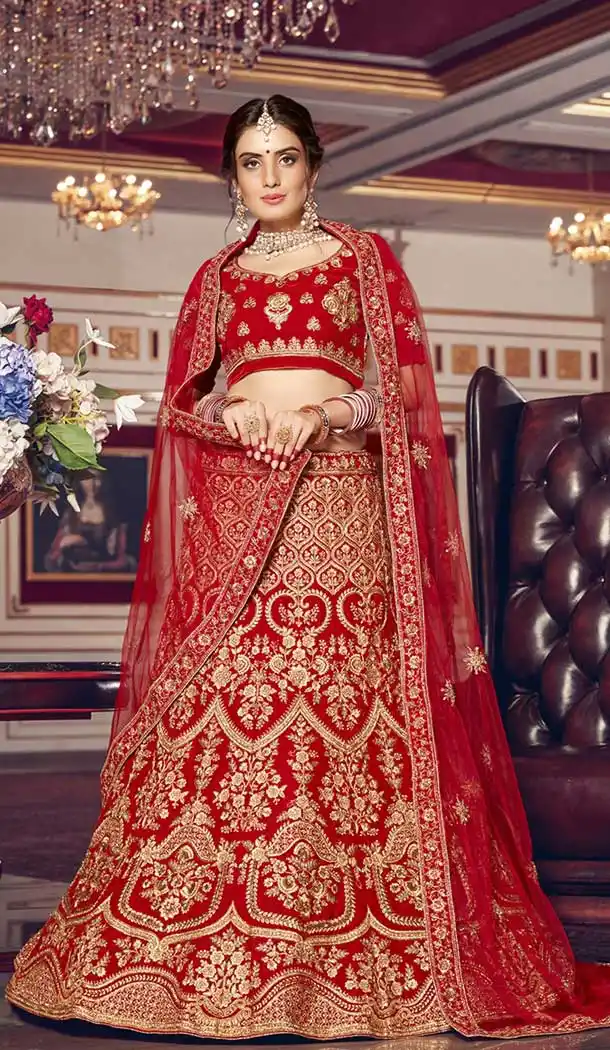 Red Color Kashmiri Velvet Designer Bridal Wedding Lehenga Choli -752492765