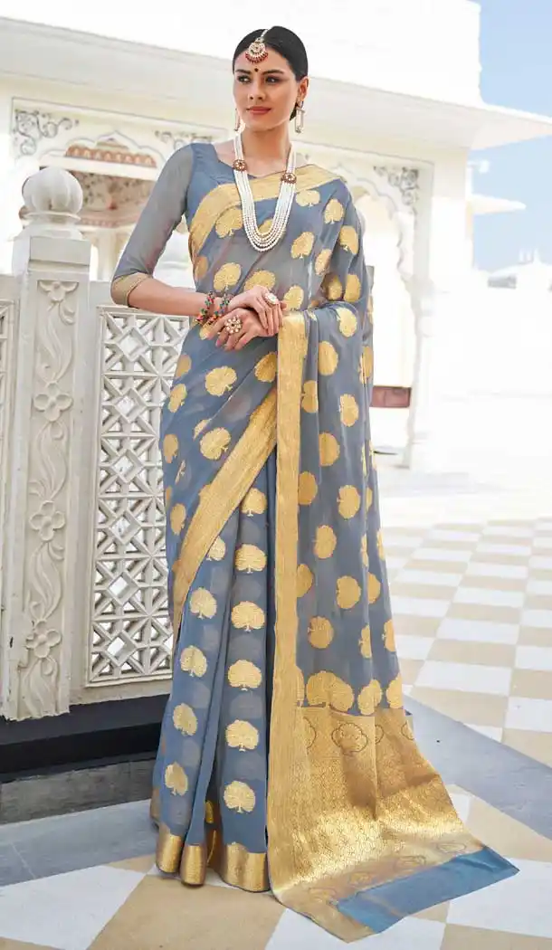 Vivacious Grey Color Chiffon Casual Party Wear Zari Weaving Work Saree -741391693