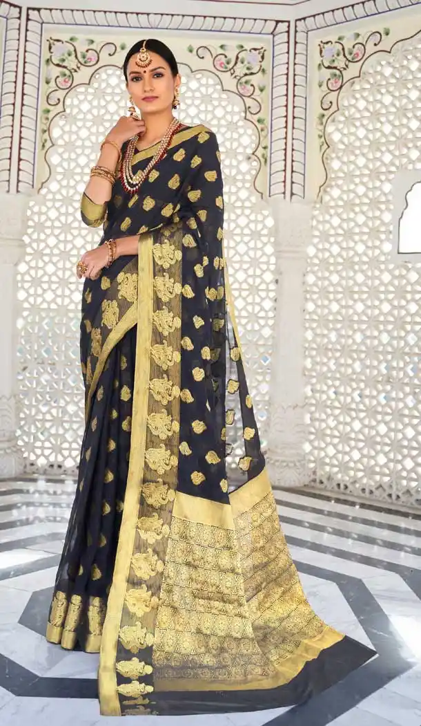 Tantalizing Black Color Chiffon Casual Party Wear Zari Weaving Work Saree -741391695