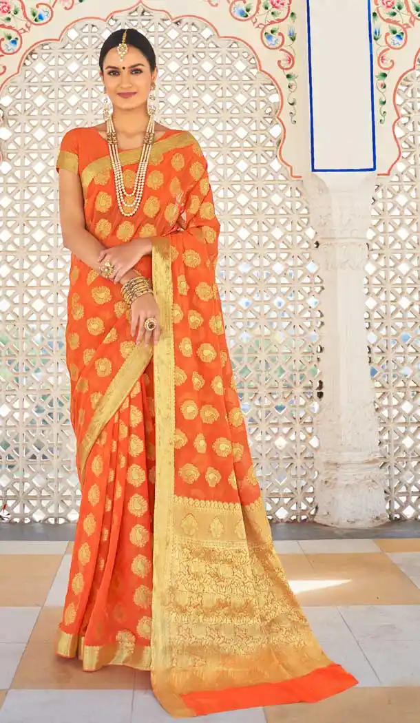 Marvelous Orange Color Chiffon Casual Party Wear Zari Weaving Work Saree -741391696