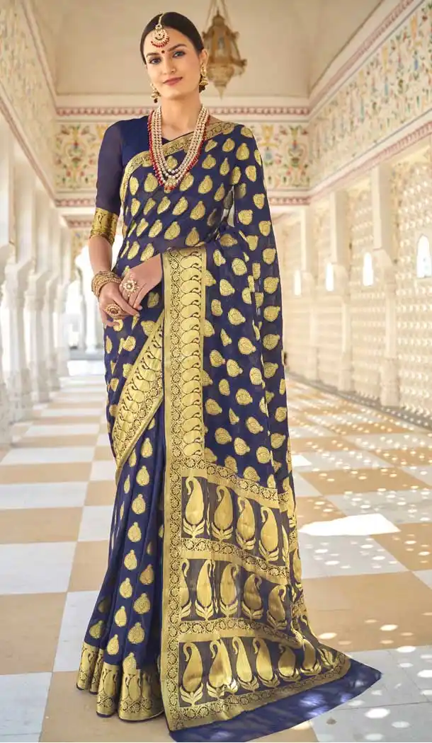 Navy Blue Color Chiffon Casual Party Wear Zari Weaving Work Saree -741391697