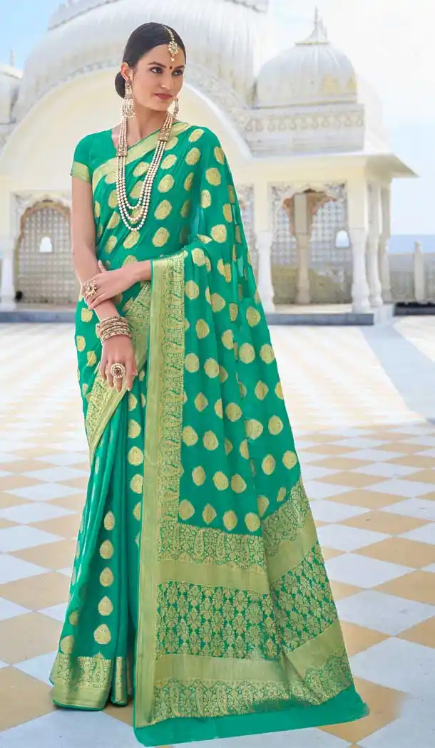 Captivating Green Color Chiffon Casual Party Wear Zari Weaving Work Saree -741391699