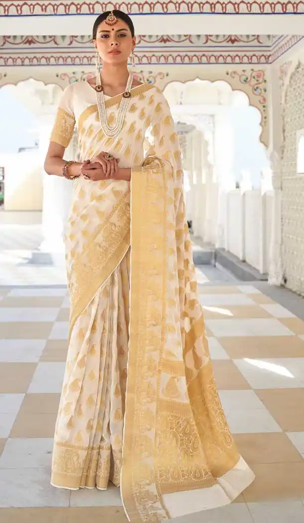 Off White Color Chiffon Casual Party Wear Zari Weaving Work Saree -741391700