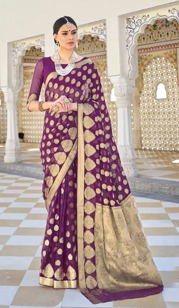 Unique Purple Color Chiffon Casual Party Wear Zari Weaving Work Saree -741391702