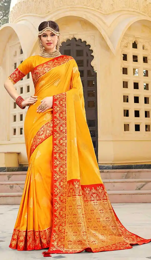 Enigmatic Yellow Color Silk Embroidery Designer Traditional Wear Saree -752392755