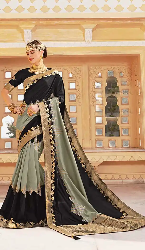Black Grey Color Silk Embroidery Designer Traditional Wear Saree -752392759