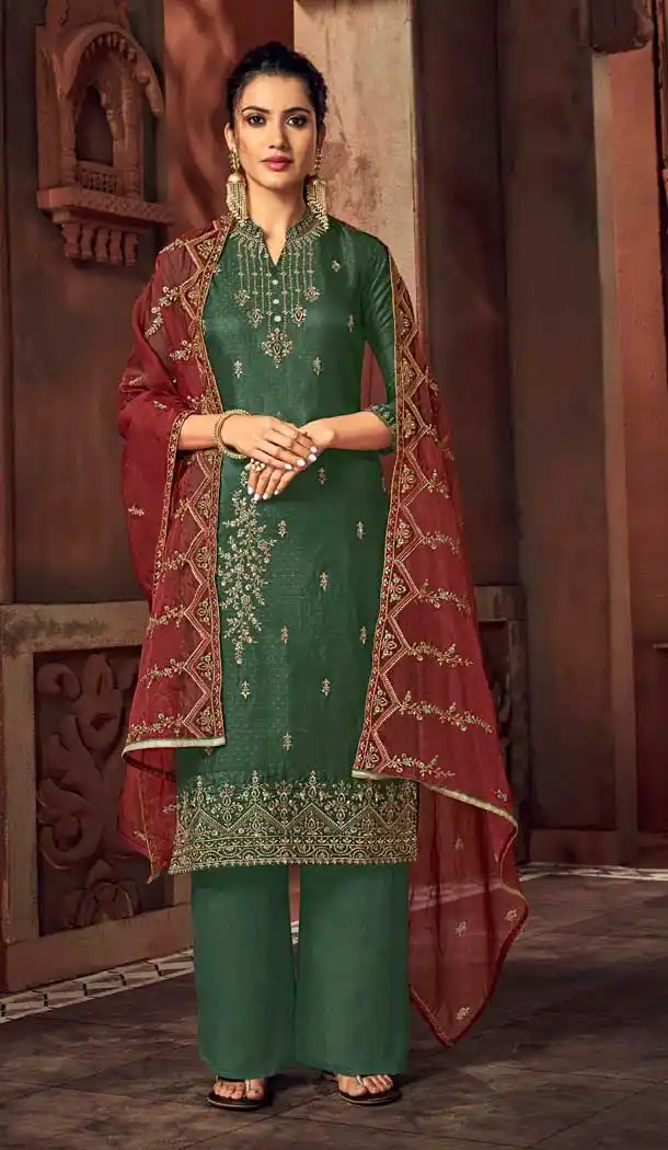 Green Color Rass Silk Embroidery Designer Party Wear Palazzo Suit -753492882